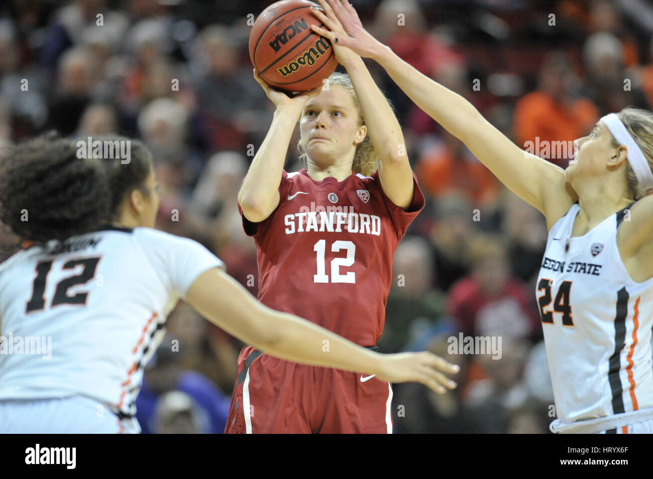 Seattle, WA, USA. 5th Mar, 2017. Stanford's Brittany McPhee (12) attempting a 3 point shot during the PAC12 women's tournament final between the Oregon State Beavers and the Stanford Cardinal. The game was played at Key Arena in Seattle, WA. Jeff Halstead/CSM/Alamy Live News Stock Photo