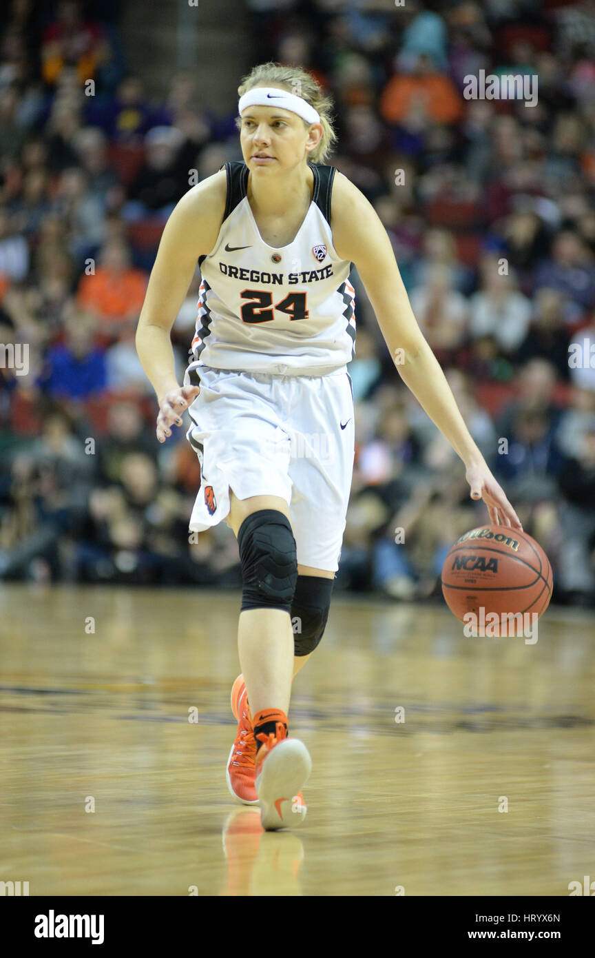 Seattle, WA, USA. 5th Mar, 2017. OSU's point guard Sydney Wiese (24) in action during the PAC12 women's tournament final between the Oregon State Beavers and the Stanford Cardinal. The game was played at Key Arena in Seattle, WA. Jeff Halstead/CSM/Alamy Live News Stock Photo