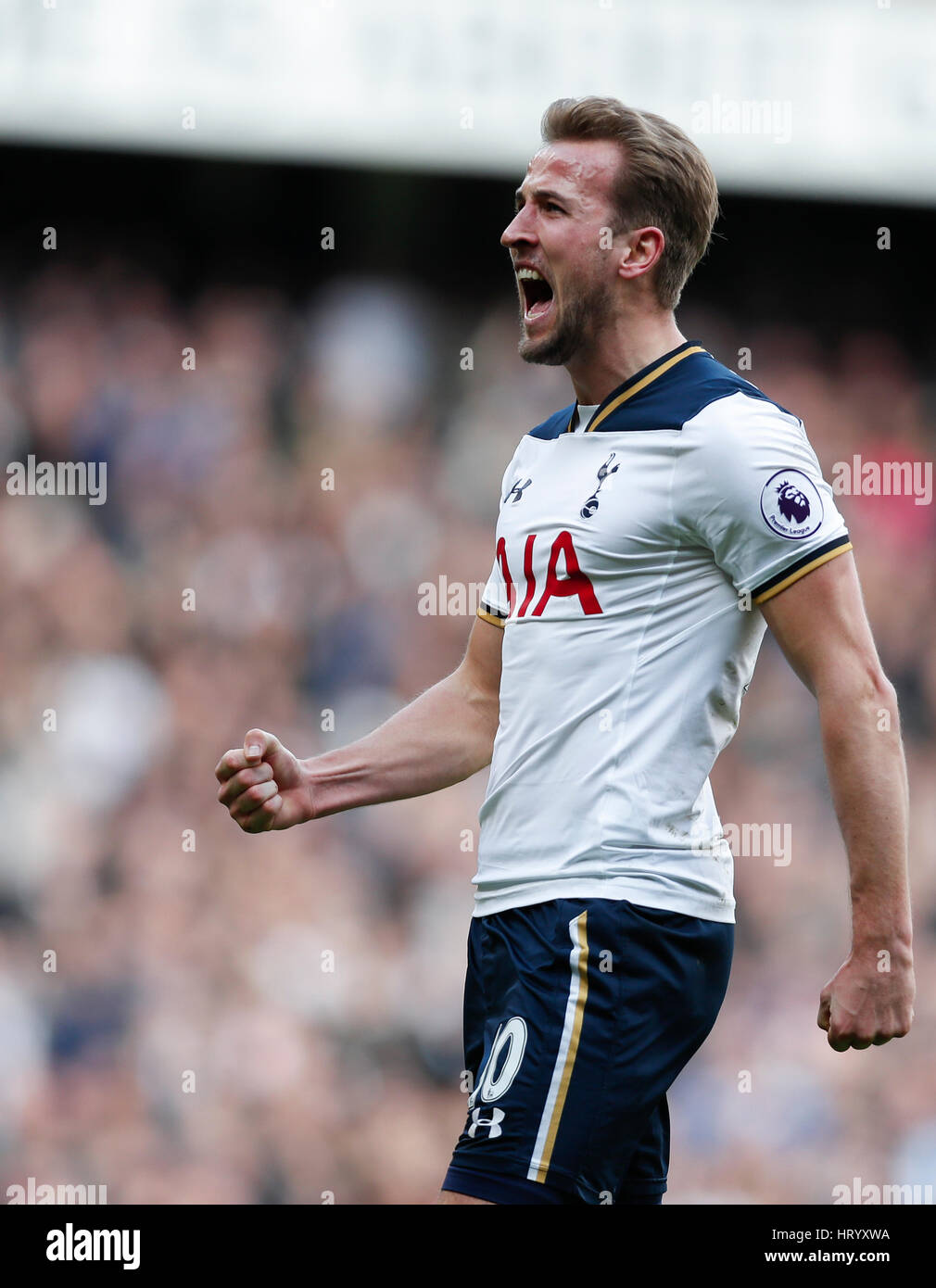 London, Britain. 5th Mar, 2017. Harry Kane of Tottenham Hotspur celebrates after scoring during the English Premier League match between Tottenham Hotspur and Everton at White Hart Lane Stadium in London, Britain, on March 5, 2017. Credit: Han Yan/Xinhua/Alamy Live News Stock Photo