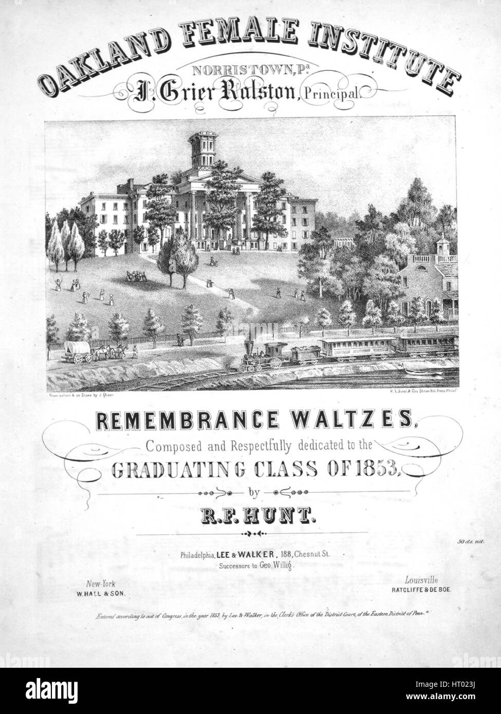 Sheet music cover image of the song 'Remembrance Waltzes', with original authorship notes reading 'Composed by RF Hunt', United States, 1853. The publisher is listed as 'Lee and Walker, 188 Chesnut St.', the form of composition is 'five sectional waltzes', the instrumentation is 'piano', the first line reads 'None', and the illustration artist is listed as '[Oakland Female Institute, Norristown, Pa. J. Grier Ralston, Principal] From nature and on Stone by J. Queen; P.S. Duval and Cos. Steam Lith. Press Philada.'. Stock Photo