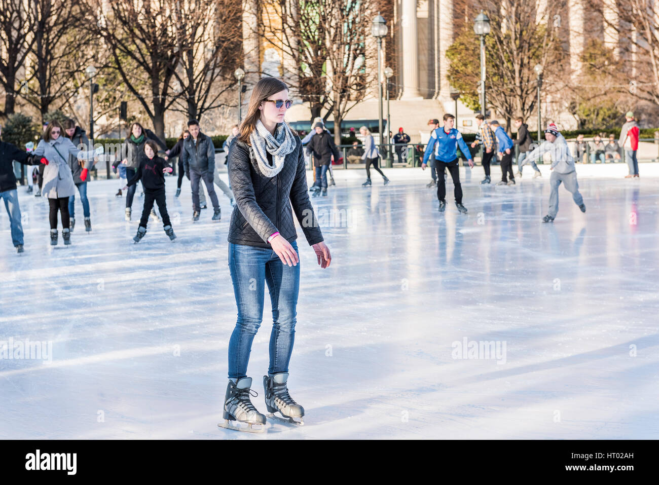 Washington DC, USA January 28, 2017 Woman in ice rink in National