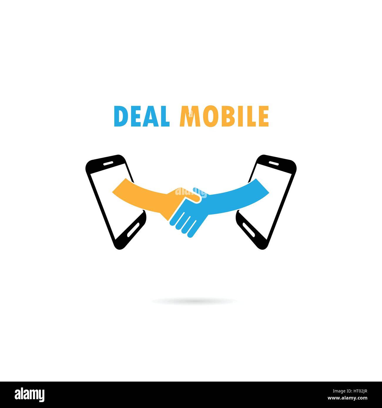 Business people handshake through mobile phone. Businesspeople shaking