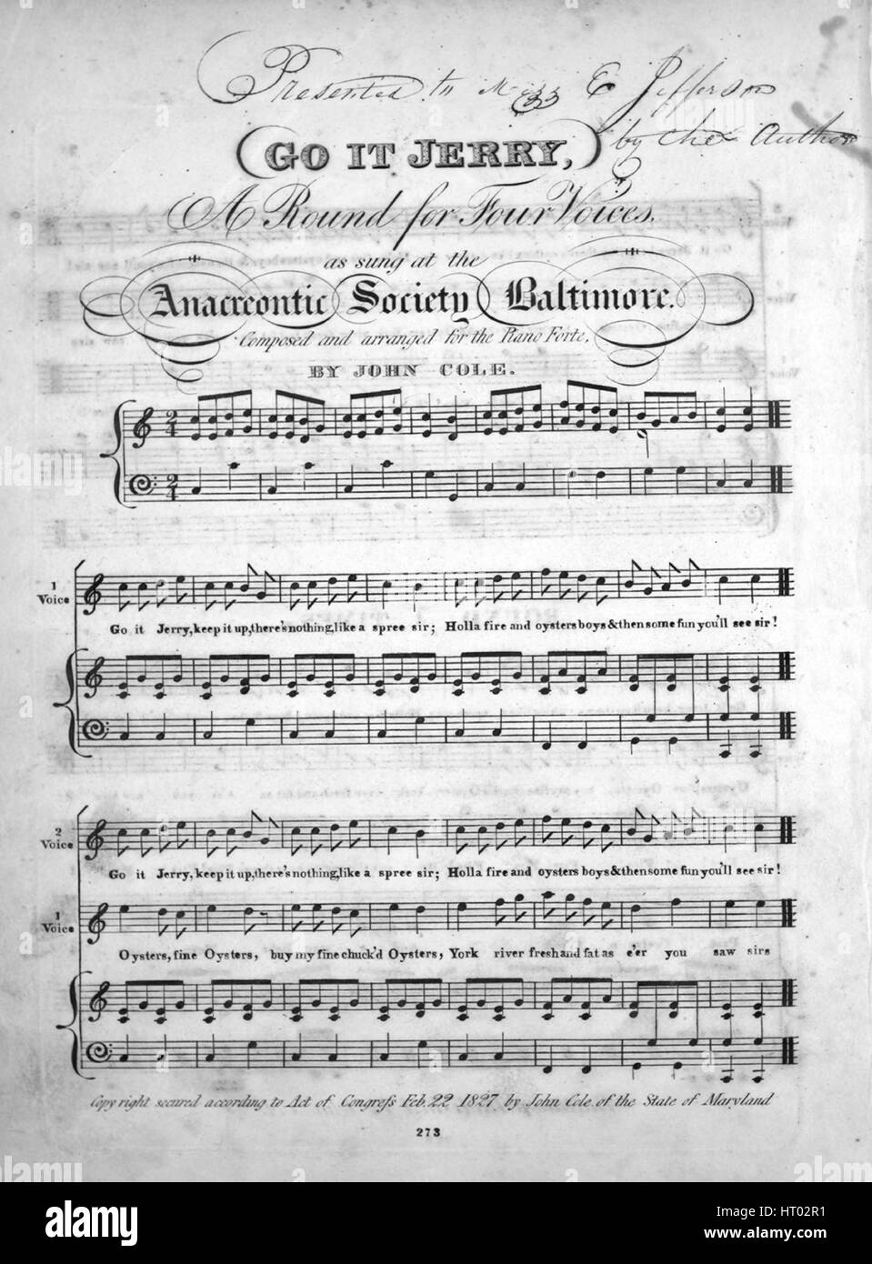 Sheet Music Cover Image Of The Song Go It Jerry A Round For Four Voice With Original Authorship Notes Reading Composed And Arranged For The Piano Forte By John Cole United States
