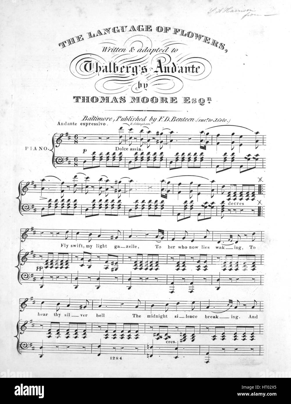 Sheet music cover image of the song 'The Language of Flowers', with original authorship notes