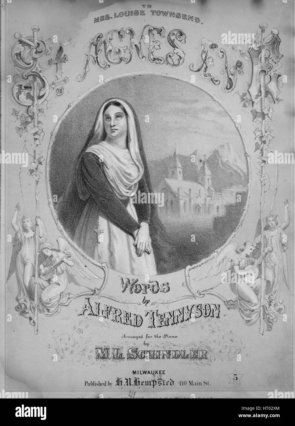 Sheet music cover image of the song 'St Agnes Eve', with original authorship notes reading 'Words by Alfred Tennyson Arranged for the Piano by ML Schindler', 1868. The publisher is listed as 'H.N. Hempsted, 410 Main St.', the form of composition is 'strophic', the instrumentation is 'piano and voice', the first line reads 'Deep on the convent roof the snows Are sparkling to the moon', and the illustration artist is listed as 'None'. Stock Photo