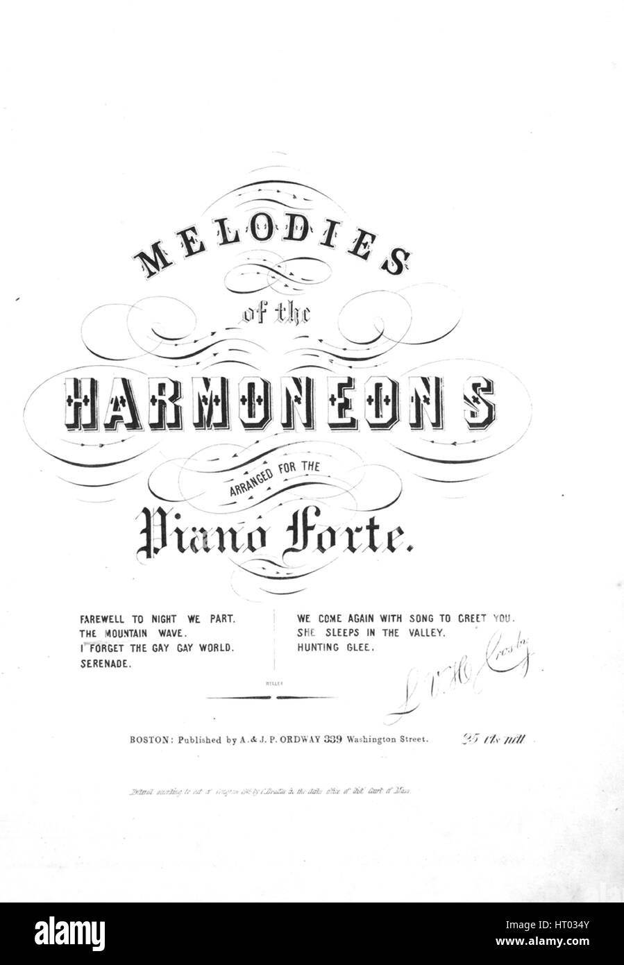 Sheet music cover image of the song 'Melodies of the Harmoneons Arranged for the Piano Forte The Mountain Wave', with original authorship notes reading 'na', United States, 1845. The publisher is listed as 'A. and J.P. Ordway, 339 Washington Street', the form of composition is 'strophic', the instrumentation is 'piano and voice (satb chorus)', the first line reads 'A bold brave crew and an ocean blue And a ship that loves the blast', and the illustration artist is listed as 'None'. Stock Photo