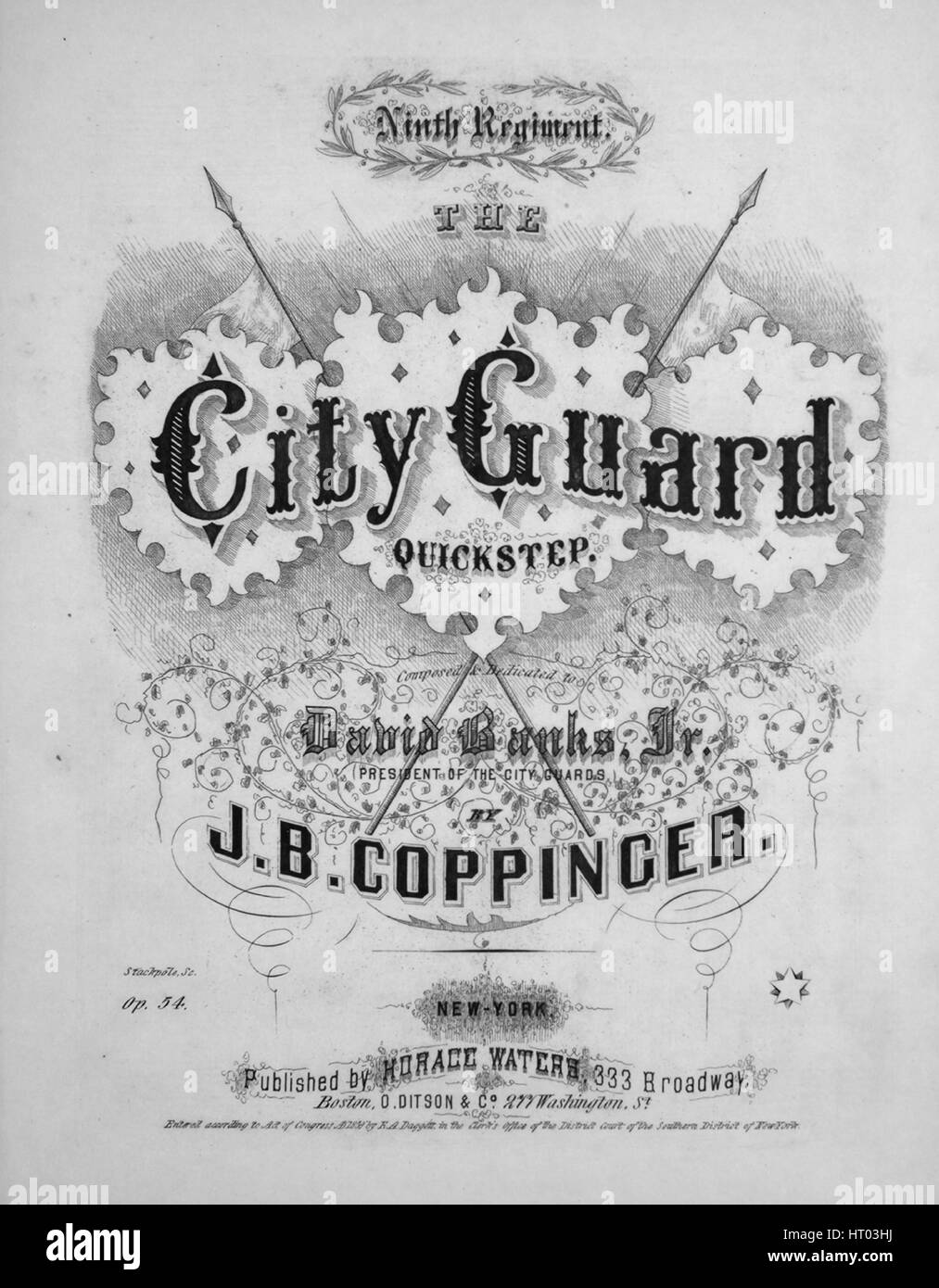 Sheet music cover image of the song 'City Guard Quickstep (9th Regt)', with original authorship notes reading 'Composed by JB Coppinger', United States, 1859. The publisher is listed as 'Horace Waters, 333 Broadway', the form of composition is 'da capo with trio', the instrumentation is 'piano', the first line reads 'None', and the illustration artist is listed as 'Lith. of Sarony, Major and Knapp, 449 Broadway N.Y.; Stackpole, Sc.; G.W. Ackerman Eng. and Pr.'. Stock Photo