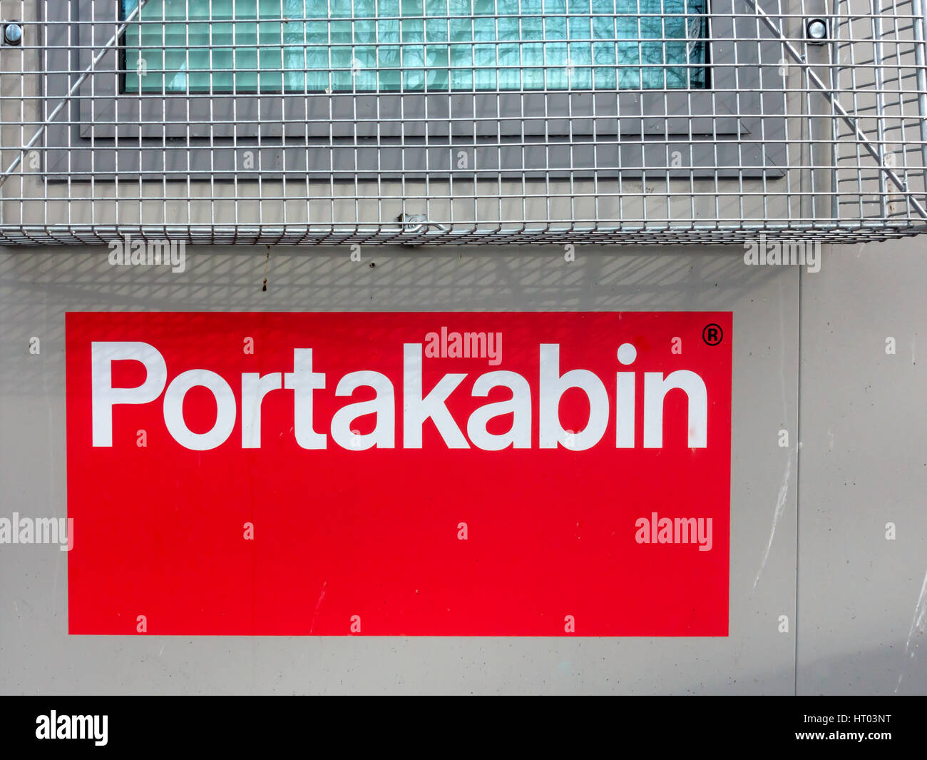 Name 'Portakabin' on a portable temporary building on hire for use as an office or workshop removable self contained and energy saving Stock Photo