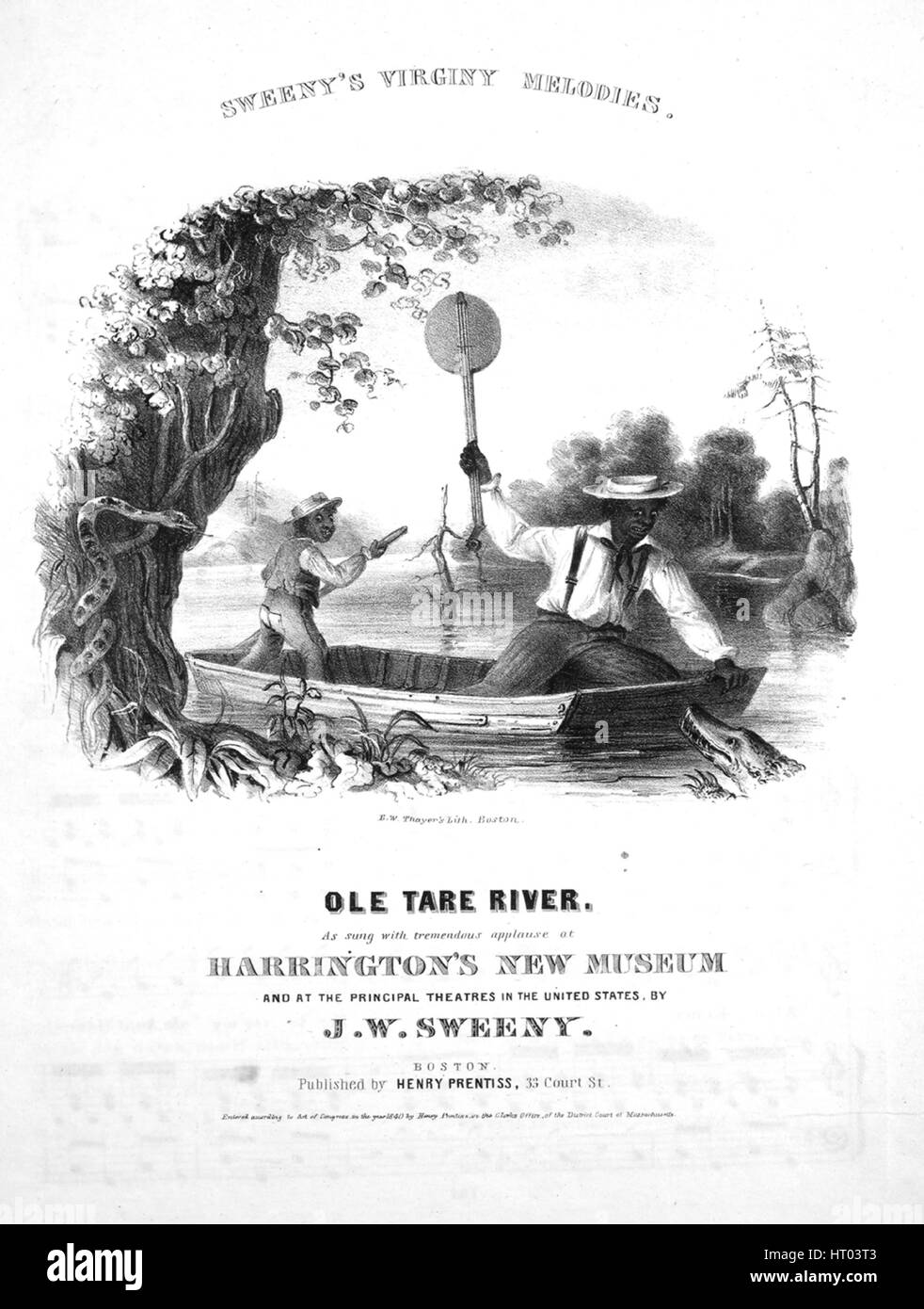Sheet music cover image of the song 'Sweeny's Virginy Melodies Ole Tare River', with original authorship notes reading 'na', United States, 1840. The publisher is listed as 'Henry Prentiss, 33 Court St.', the form of composition is 'strophic', the instrumentation is 'piano and voice', the first line reads 'Way down in North Carolina On de banks of Ole Tare River', and the illustration artist is listed as 'B.W. Thayer's Lith. Boston'. Stock Photo