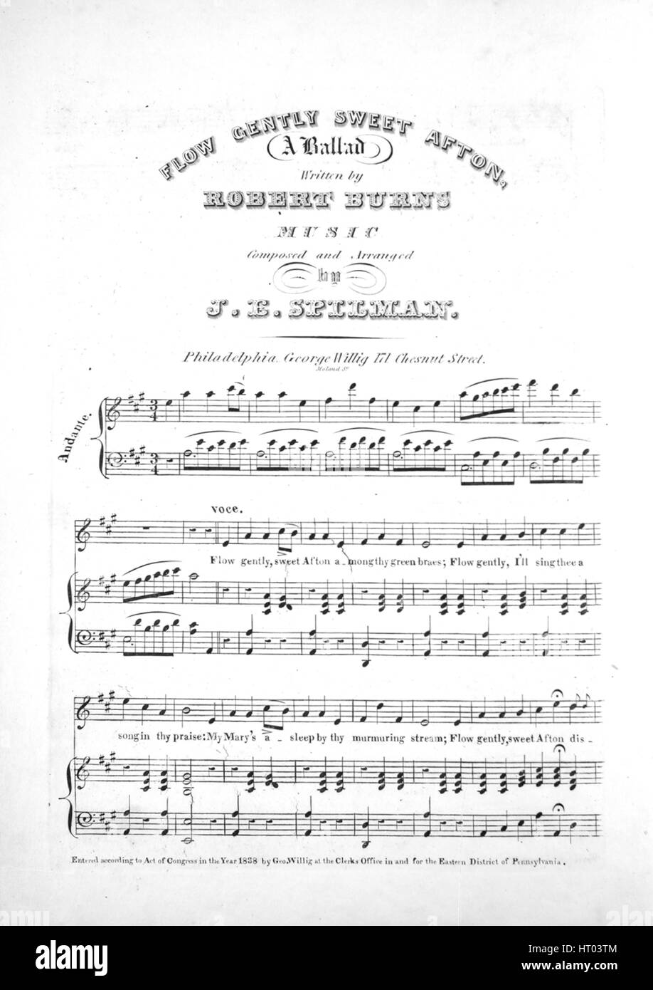 Sheet music cover image of the song 'Flow Gently Sweet Afton A Ballad',  with original authorship notes reading 'Written by Robert Burns Music  Composed and Arranged by JE Spilman', United States, 1838.