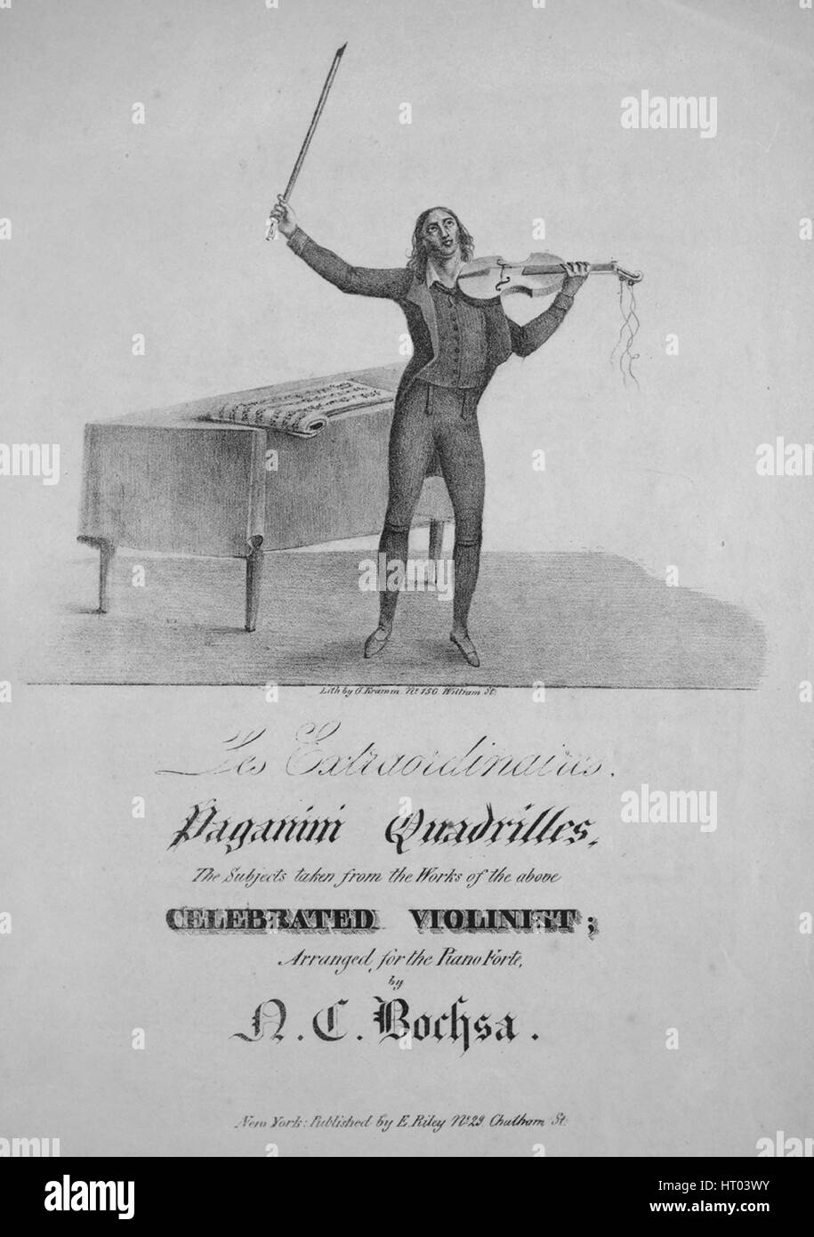 Sheet music cover image of the song 'Les Extraordinaires Paganini Quadrilles The Subjects taken from the Works of the above Celebrated Violinist', with original authorship notes reading 'As Arranged for the Piano forte by NC Bochsa', United States, 1900. The publisher is listed as 'E. Riley, No.29 Chatham St.', the form of composition is '(No.1) Il Pizzicato; (No.2) Lo Staccato; (No.3) Il Legato; (No.4) Il Ponticello; (No.5) La Paganini; all da capo', the instrumentation is 'piano', the first line reads 'None', and the illustration artist is listed as 'Lith. by G. Kramm. No.150 William St.'. Stock Photo