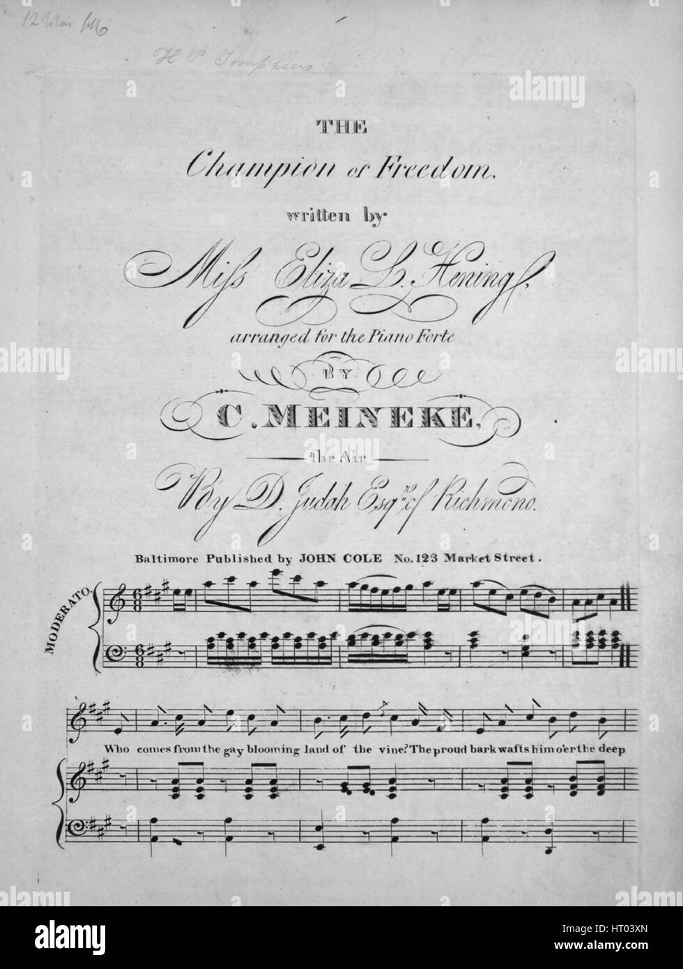 Sheet music cover image the song 'The Champion of Freedom', with original authorship notes reading by Eliza L Hening Arranged for the Piano Forte by C Meineke The Air