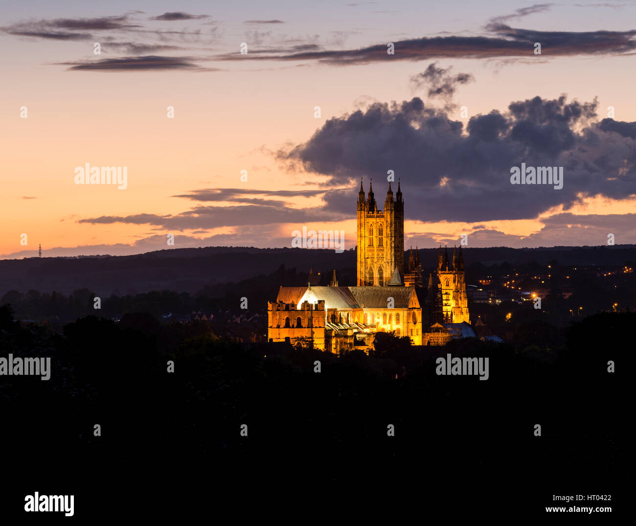 Canterbury Cathedral illuminated at twilight Stock Photo