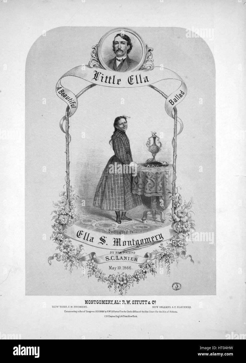 Sheet music cover image of the song 'Little Ella A Beautiful Ballad', with original authorship notes reading 'na', 1868. The publisher is listed as 'R.W. Offutt and Co.', the form of composition is 'cover only; no music', the instrumentation is 'piano and voice', the first line reads 'None', and the illustration artist is listed as 'C.O. Clayton Eng. Lith. Print New York'. Stock Photo