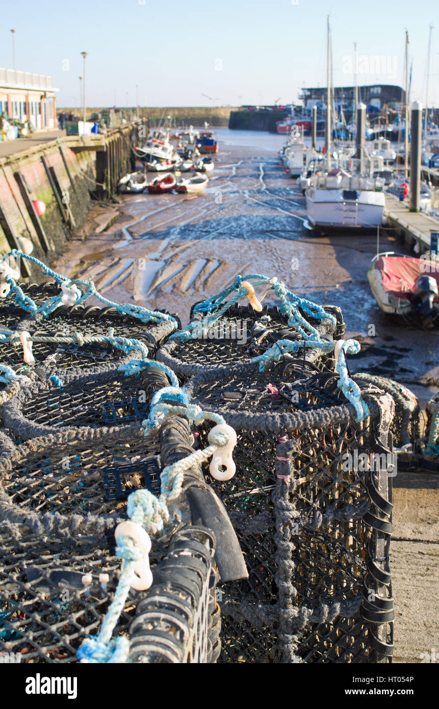 Crab pots on quay Bridlington Harbour Stock Photo