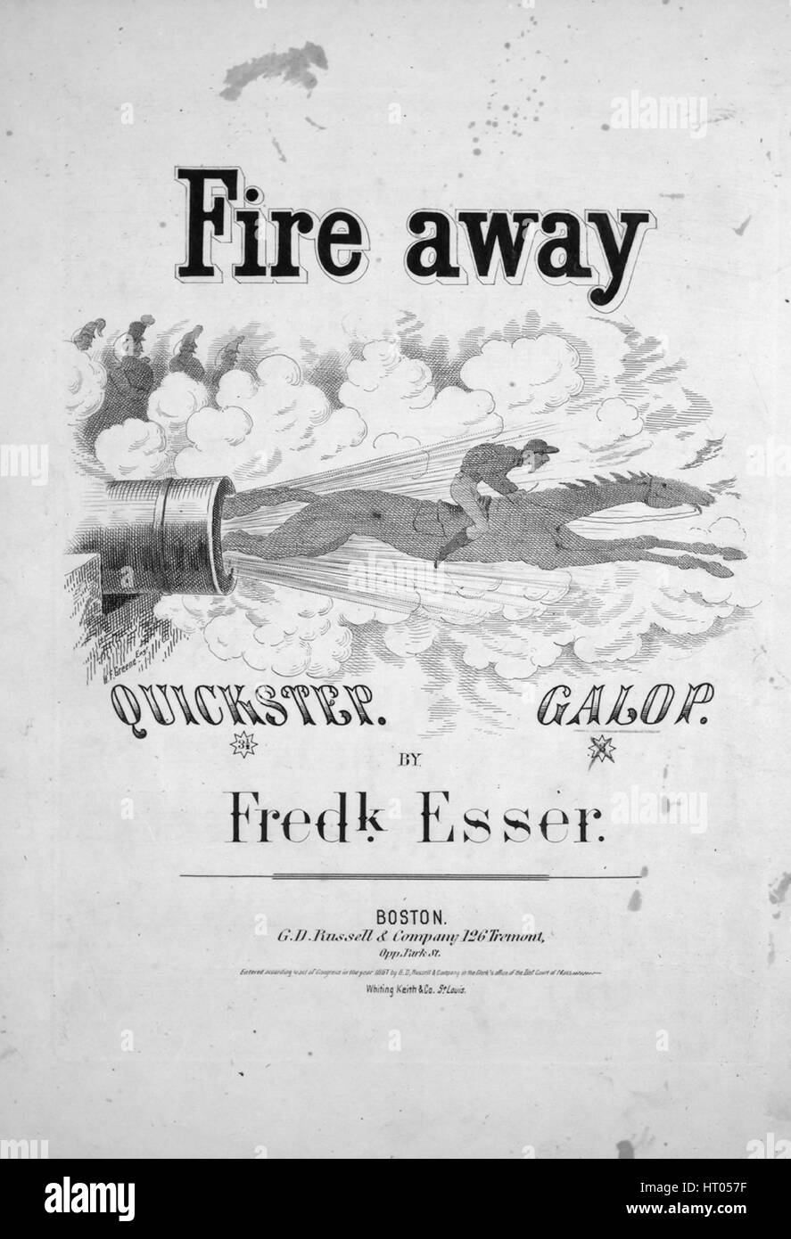 Sheet music cover image of the song 'Fire Away Galop', with original authorship notes 'By Fredk Esser', States, 1867. The publisher listed as 'G.D. Russell and Company, 126