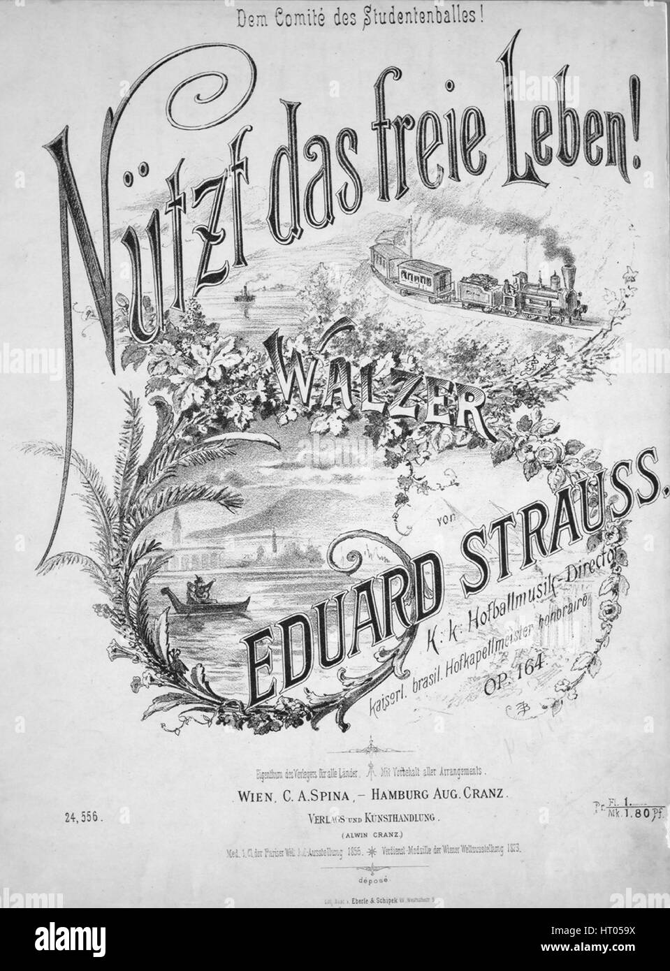 Sheet music cover image of the song 'Nutzt das frei leben! Dem Comite des Studentenballes! Walzer', with original authorship notes reading 'Eduard Strauss, kk Hofballmusik - Director, kais  brasil Hofkapellmeister honoraire', 1855. The publisher is listed as 'C.A. Spina (Alwin Cranz)', the form of composition is 'four sectional waltzes, introduction and coda', the instrumentation is 'piano', the first line reads 'None', and the illustration artist is listed as 'Lith. Anst. v. Eberle and Schipek VII Westbahnstr. 9'. Stock Photo