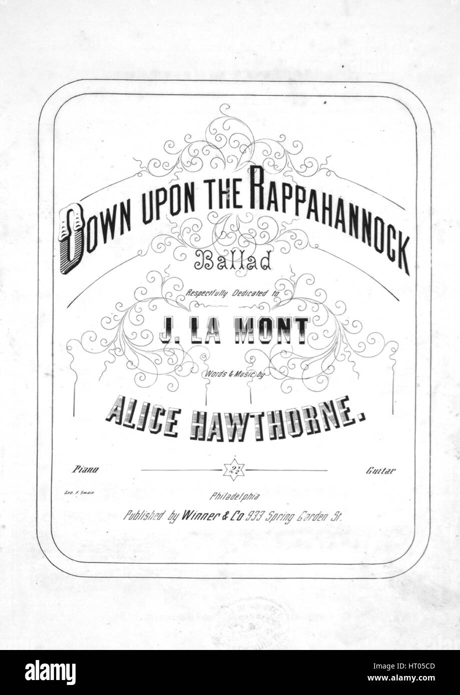 Sheet music cover image of the song 'Down Upon the Rappahannock Ballad', with original authorship notes reading 'Words and Music by Alice Hawthorne', United States, 1863. The publisher is listed as 'Winner and Co., 933 Spring Garden St.', the form of composition is 'strophic with chorus', the instrumentation is 'piano and voice', the first line reads 'Down upon the Rappahannock, lies the noble volunteer', and the illustration artist is listed as 'Geo. F. Swain'. Stock Photo
