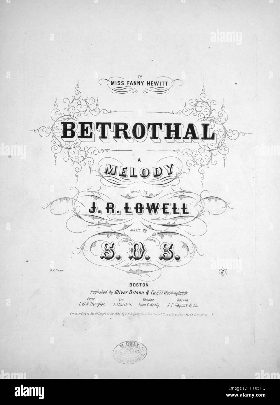 Sheet music cover image of the song 'Bethrothal A Melody', with original authorship notes reading 'Words by JR Lowell Music by SDS', United States, 1865. The publisher is listed as 'Oliver Ditson and Co., 277 Washington St.', the form of composition is 'strophic with chorus', the instrumentation is 'piano and voice', the first line reads 'On moonlight deep and tender A year and more agone', and the illustration artist is listed as 'G.F. Swain'. Stock Photo