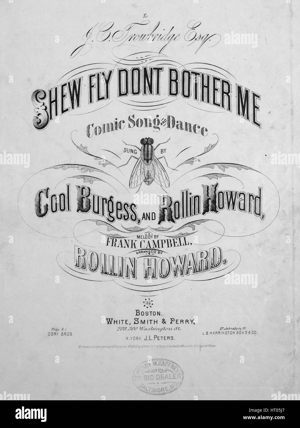 Sheet music cover image of the song 'Shew Fly! Comic Song and Dance, or Walk Round', with original authorship notes reading 'Words by Billy Reeves Music by Frank Campbell Arranged by Rollin Howard', United States, 1869. The publisher is listed as 'White, Smith and Perry, 298, 300 Washington St.', the form of composition is 'strophic with chorus', the instrumentation is 'piano and voice', the first line reads 'I think I hear the angels sing, I think I hear the angels sing', and the illustration artist is listed as 'None'. Stock Photo