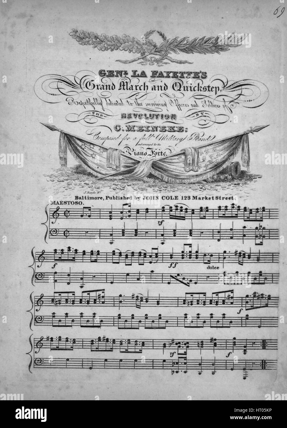 Sheet music cover image of the song 'Genl La Fayette's Grand March and Quickstep', with original authorship notes reading 'Composed for a full Military Band and arranged for the Piano Forte by C Meineke', United States, 1824. The publisher is listed as 'John Cole, 123 Market Street', the form of composition is 'da capo with trio', the instrumentation is 'piano', the first line reads 'None', and the illustration artist is listed as 'J. Sands Sc.'. Stock Photo