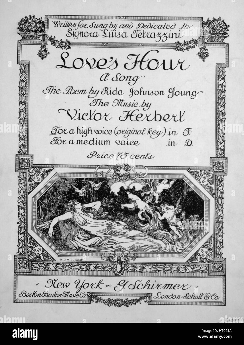 Sheet music cover image of the song 'Love's Hour A Song', with original authorship notes reading 'The Poem by Rida Johnson Young Music by Victor Herbert', United States, 1912. The publisher is listed as 'G. Schirmer', the form of composition is 'sectional', the instrumentation is 'piano and voice', the first line reads 'Love is like the rose, dear heart, that opens with the morn', and the illustration artist is listed as 'H.D. Williams'. Stock Photo