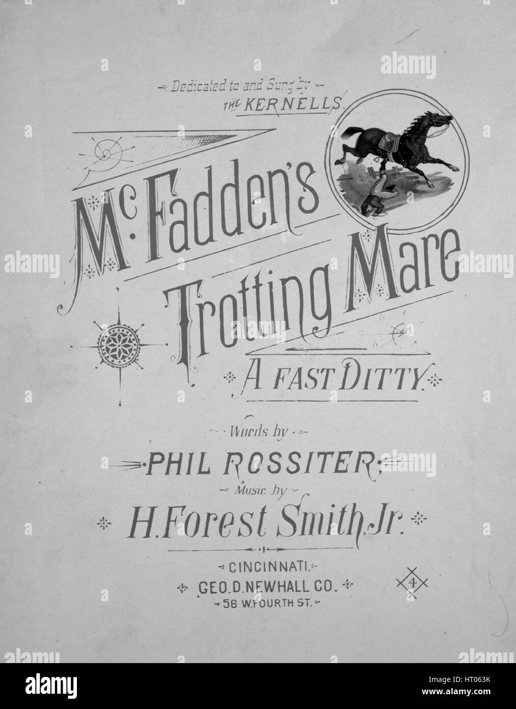 Sheet music cover image of the song 'McFadden's Trotting Mare A Fast Ditty', with original authorship notes reading 'Words by Phil Rossiter Music by H Forest Smith, Jr', United States, 1885. The publisher is listed as 'Geo. D. Newhall Co., 56 W. Fourth St.', the form of composition is 'strophic with chorus', the instrumentation is 'piano and voice', the first line reads 'McFadden was a sporting man, a horse was his delight', and the illustration artist is listed as 'None'. Stock Photo