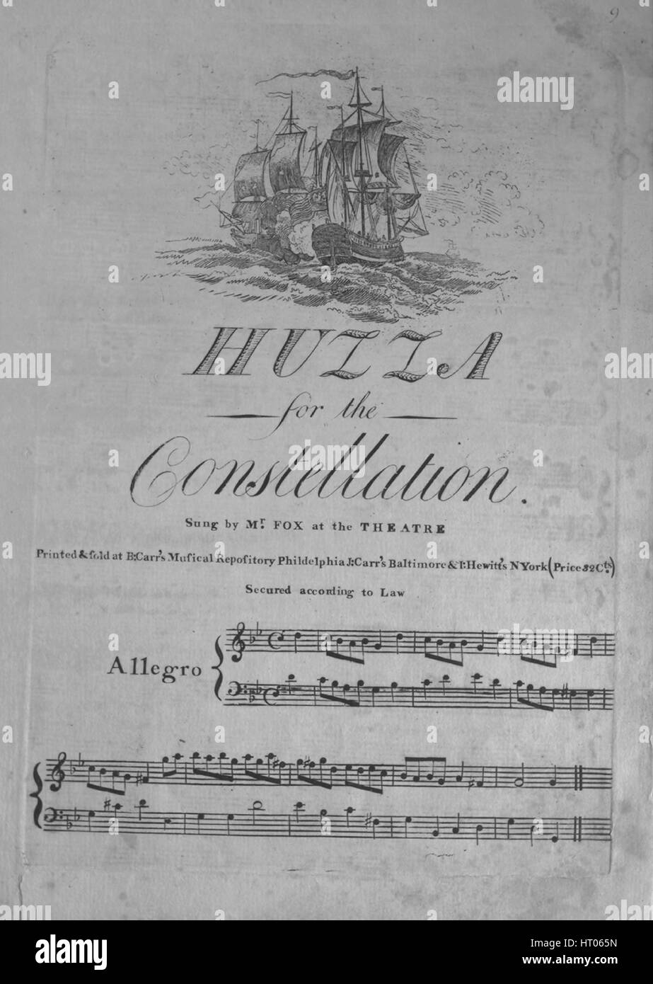 Sheet music cover image of the song 'Huzza for the Constellation', with original authorship notes reading 'na', United States, 1900. The publisher is listed as 'Carr's Musical Repository', the form of composition is 'strophic with chorus', the instrumentation is 'piano and voice; additional part for flute or violin', the first line reads 'Come join my hearts in jovial glee', and the illustration artist is listed as 'None'. Stock Photo