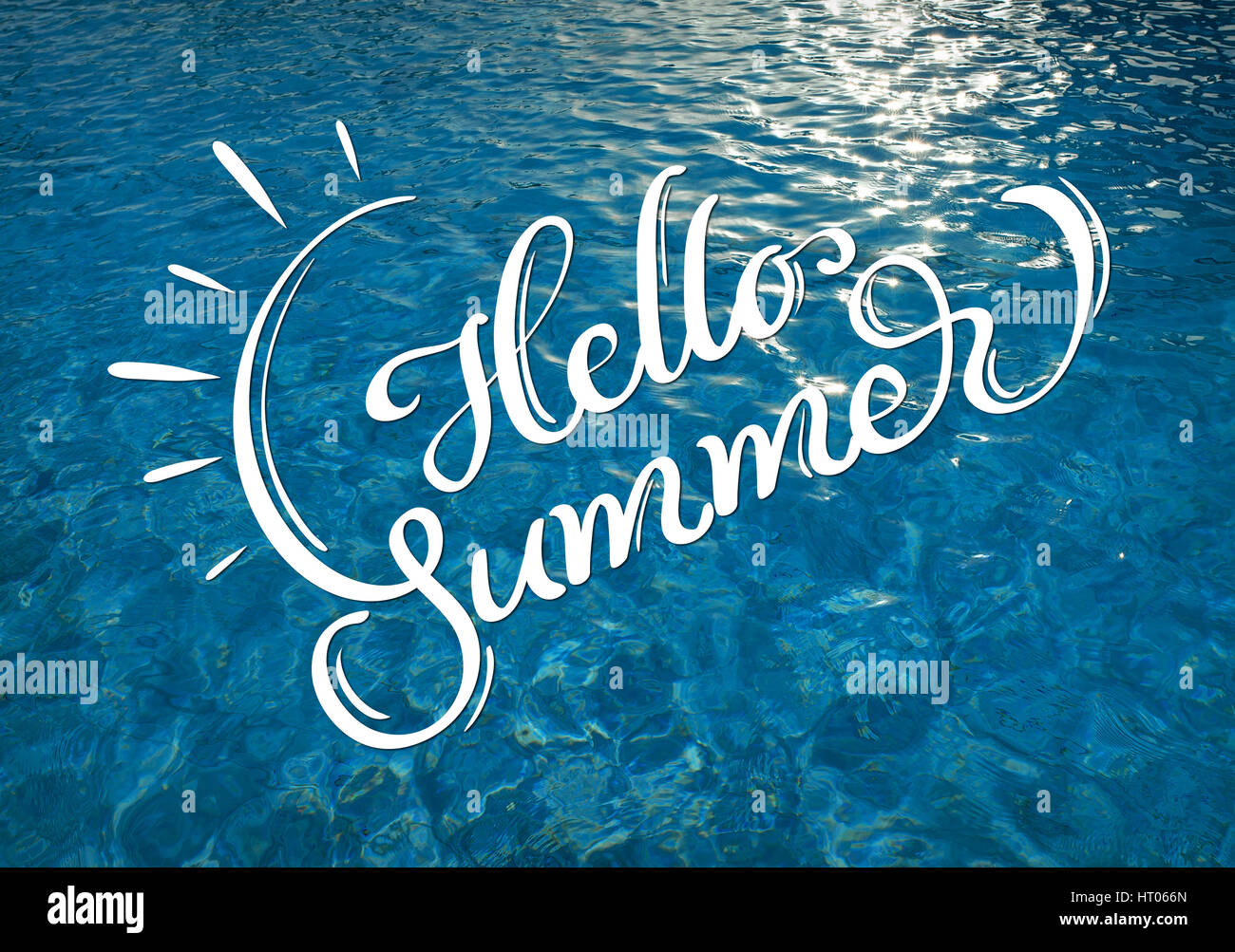 water texture with solar patches of light and text Hello Summer. Calligraphy lettering Stock Photo
