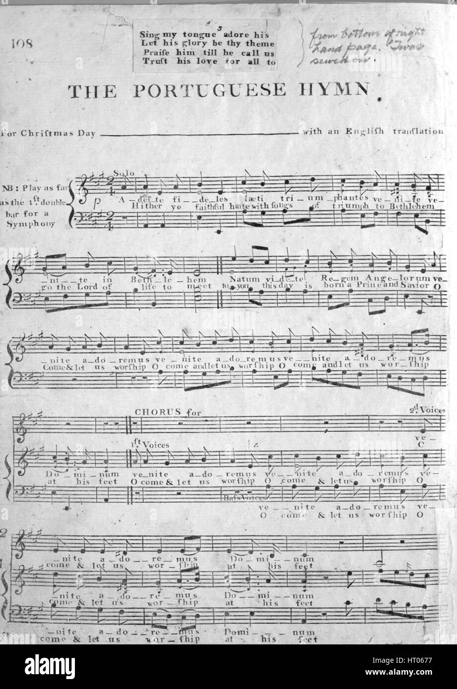 Sheet music cover image of the song '(1) The Portuguese Hymn [tune  'Adestes Fideles'] (2) The Sicilian Hymn For Christmas Day with an English translation', with original authorship notes reading 'na', United States, 1900. The publisher is listed as 'Carr's Music Store', the form of composition is 'strophic with chorus', the instrumentation is 'piano and voice', the first line reads '(1) Hither ye faithful haste with songs of triumph to Bethlehem; (2) Sing my soul his wond'rous love', and the illustration artist is listed as 'None'. Stock Photo