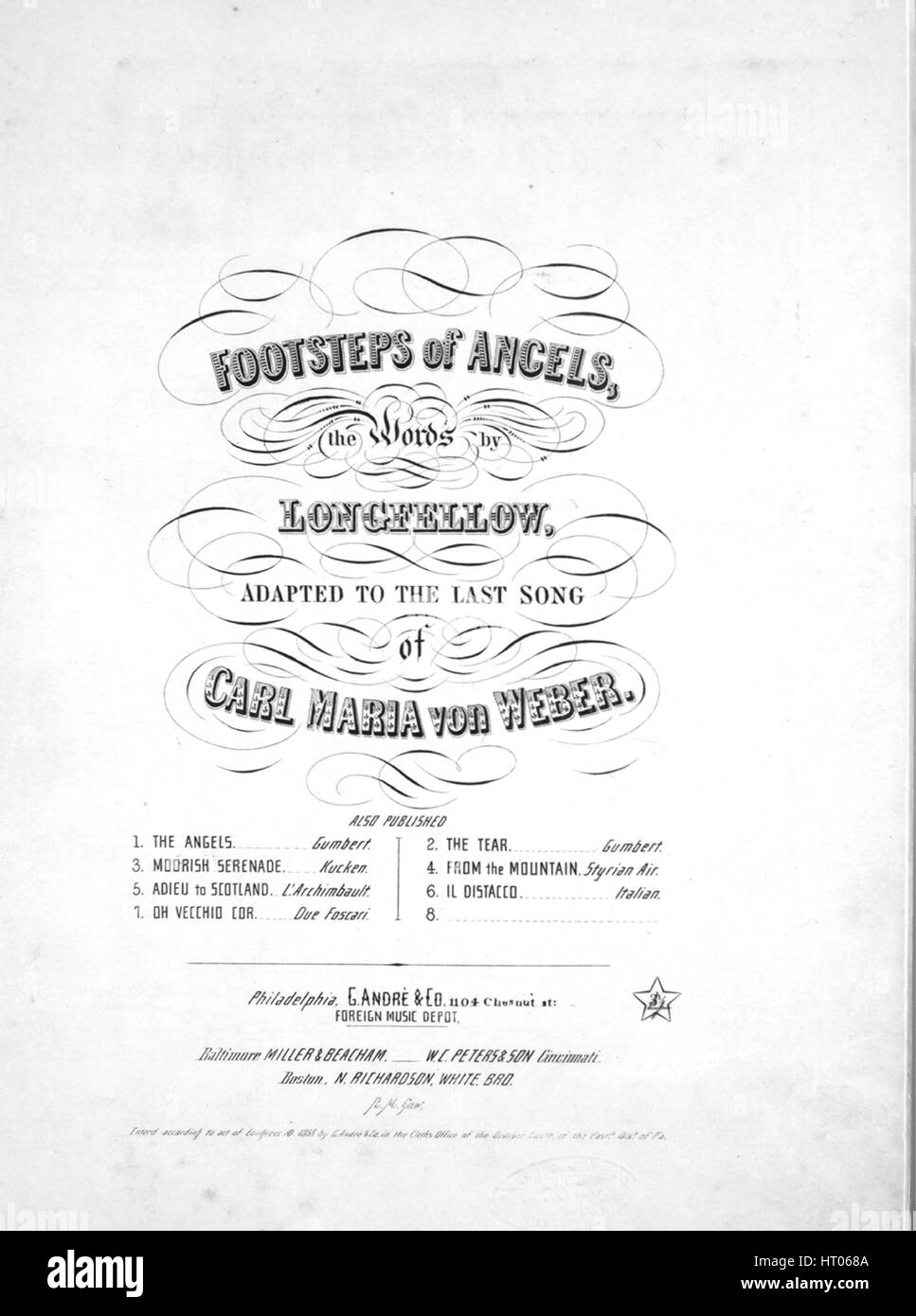 Sheet music cover image of the song 'Footsteps of Angels', with original authorship notes reading 'The Words by [Henry Wadsworth] Longfellow Adapted to the Last Song of Carl Maria Von Weber', United States, 1855. The publisher is listed as 'G. Andre and Co., No.4 Chesnut St.', the form of composition is 'strophic', the instrumentation is 'piano and voice', the first line reads 'When the hours of day are number'd, And the voices of the night', and the illustration artist is listed as 'R.M. Gaw'. Stock Photo