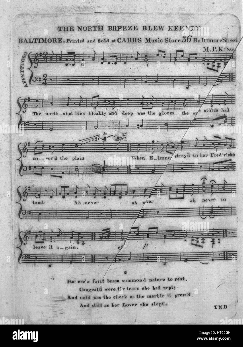 Sheet music cover image of the song 'The North Breeze Blew Keenly', with original authorship notes reading 'MP King', United States, 1900. The publisher is listed as 'Carr's Music Store, 36 Baltimore St.', the form of composition is 'strophic [possible missing pages]', the instrumentation is 'piano and voice', the first line reads 'The northwind blew bleakly and deep was the gloom', and the illustration artist is listed as 'None'. Stock Photo