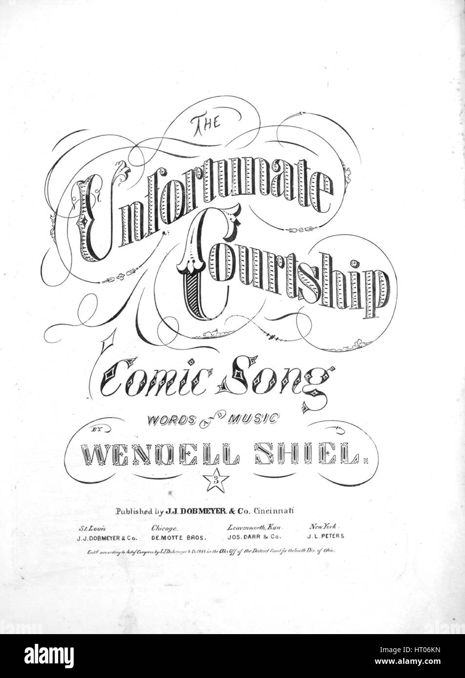 Sheet music cover image of the song 'The Unfortunate Courtship, or, Getting The Mitten Comic Song', with original authorship notes reading 'Words And Music By Wendell Shiel', United States, 1868. The publisher is listed as 'J.J. Dobmeyer and Co.', the form of composition is 'strophic with chorus', the instrumentation is 'piano and voice', the first line reads 'Young Ladies, take pity on one I implore ye, don't knit up your brows now, or scornfully smile', and the illustration artist is listed as 'None'. Stock Photo