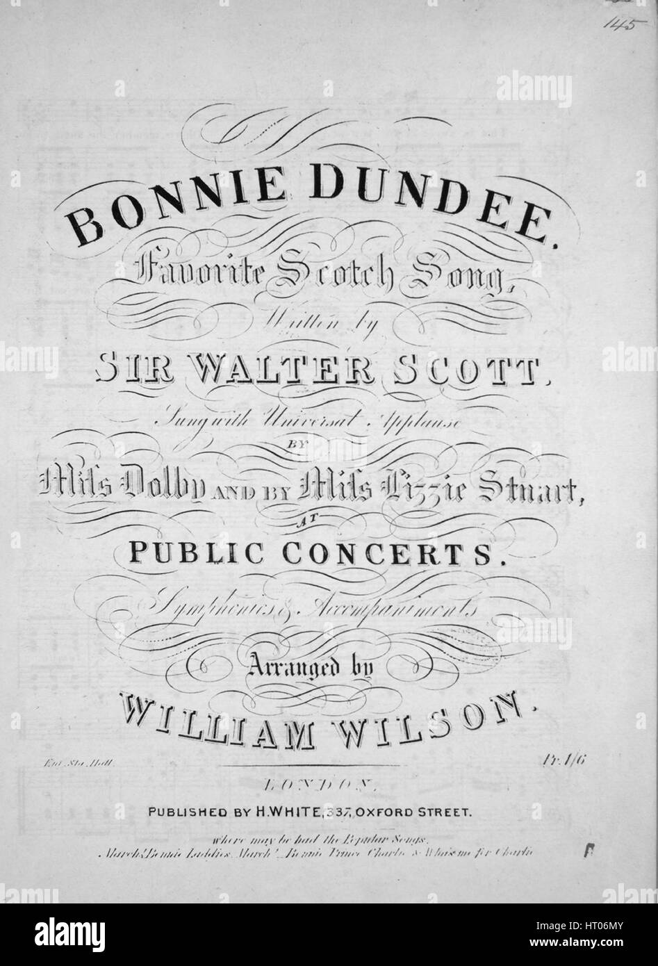 Sheet music cover image of the song 'Bonnie Dundee Favorite Scotch Song', with original authorship notes reading 'Written by Sir Walter Scott Arranged by William Wilson', United Kingdom, 1900. The publisher is listed as 'H. White, 337 Oxford Street', the form of composition is 'strophic with chorus', the instrumentation is 'piano and voice', the first line reads 'To the Lords of Convention 'twas Claverhouse spolke, Ere the King's crown gae down there are crowns to be broke', and the illustration artist is listed as 'None'. Stock Photo