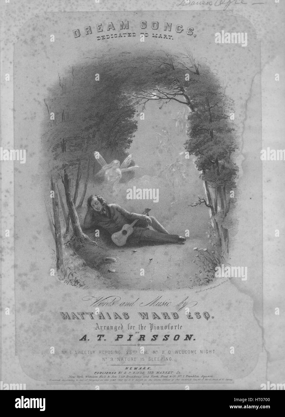 Sheet music cover image of the song 'Sweetly Reposing', with original authorship notes reading 'Written and Composed by Matthias Ward, Esq; Arranged by AT Pirsson; [additional text also by M Ward]', 1849. The publisher is listed as 'S.P. Hinds, 102 Market St.', the form of composition is 'strophic with refrain', the instrumentation is 'piano and voice', the first line reads 'Sweetly reposing, deep in my slumber/Deep through the broad land, voices of mourning', and the illustration artist is listed as 'Lith. of WM. Endicott and Co. N.York'. Stock Photo