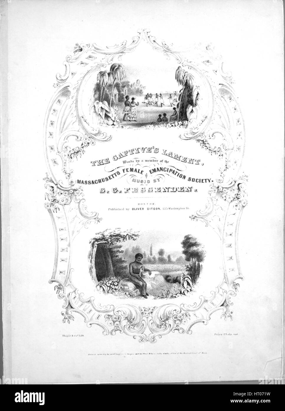 Sheet music cover image of the song 'The Captive's Lament', with original authorship notes reading 'Words by a Member of the Massachusetts Female Emancipation Society Music by SG Fessenden', United States, 1844. The publisher is listed as 'Oliver Ditson, 135 Washington St.', the form of composition is 'strophic', the instrumentation is 'piano and voice (duet)', the first line reads 'Oh! my country, my country, how long I long for thee', and the illustration artist is listed as 'Thayer and Cos. Lith.'. Stock Photo