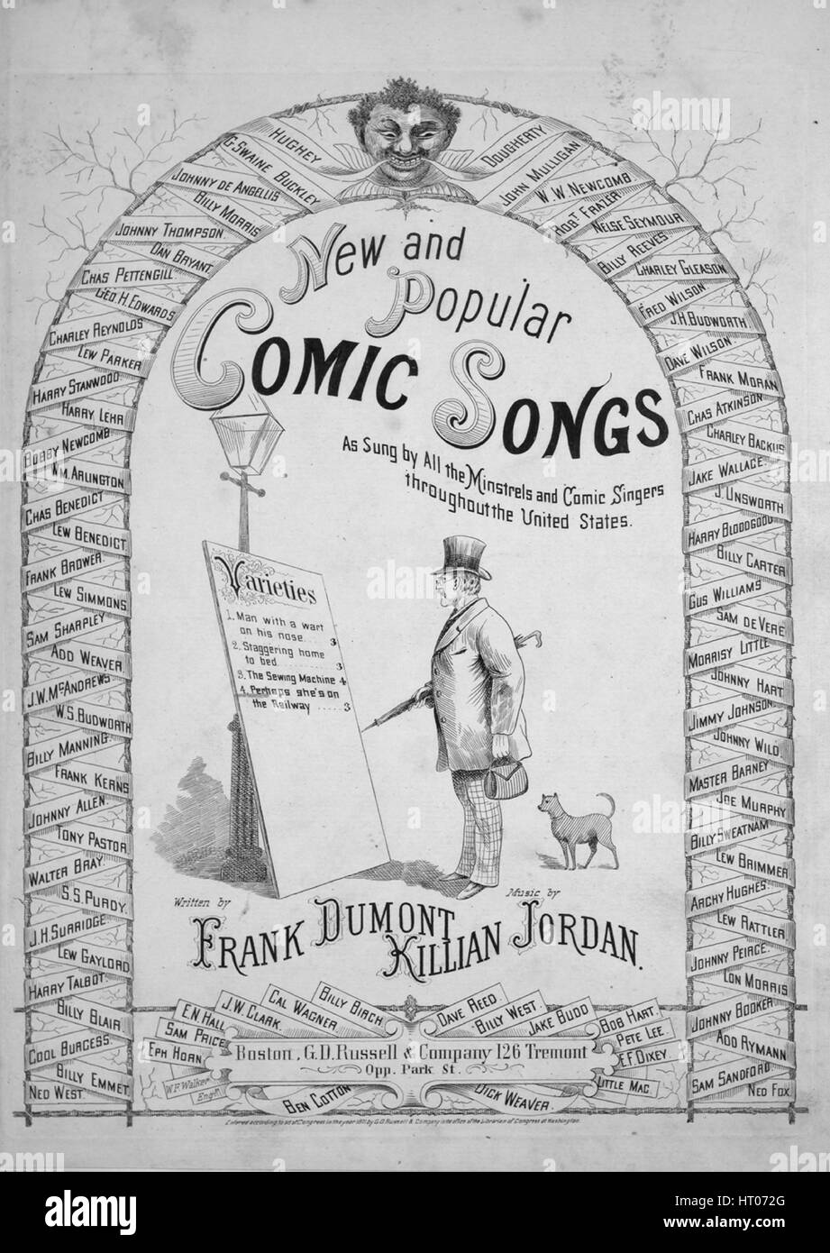 Sheet music cover image of the song 'New and Popular Comic Songs No4 Perhaps Shes on the Railway', with original authorship notes reading 'Written by Frank Dumont Music by Killian Jordan', United States, 1871. The publisher is listed as 'G.D. Russell and Company, 126 Tremont, Opp. Park St.', the form of composition is 'strophic with chorus', the instrumentation is 'piano and voice', the first line reads 'Behold in me a wretched man, quite broken down by woe', and the illustration artist is listed as 'None'. Stock Photo