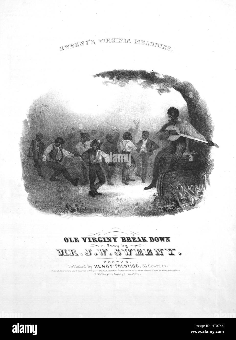 Sheet music cover image of the song 'Sweeny's Virginy Melodies Ole Virginy Break Down', with original authorship notes reading 'na', United States, 1840. The publisher is listed as 'Henry Prentiss, 33 Court St.', the form of composition is 'strophic', the instrumentation is 'piano and voice', the first line reads 'Way down in ole Virginny Dar I hear de fiddle ring', and the illustration artist is listed as 'B.W. Thayer's Lithogy. Boston'. Stock Photo