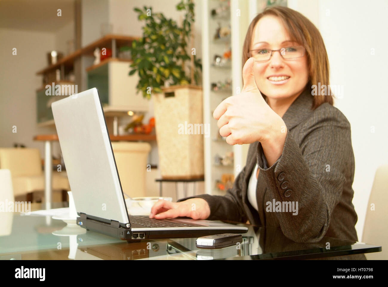 Erfolgreiche Geschaeftsfrau arbeitet von Zuhause am Notebook - Business woman homeworking on laptop Stock Photo