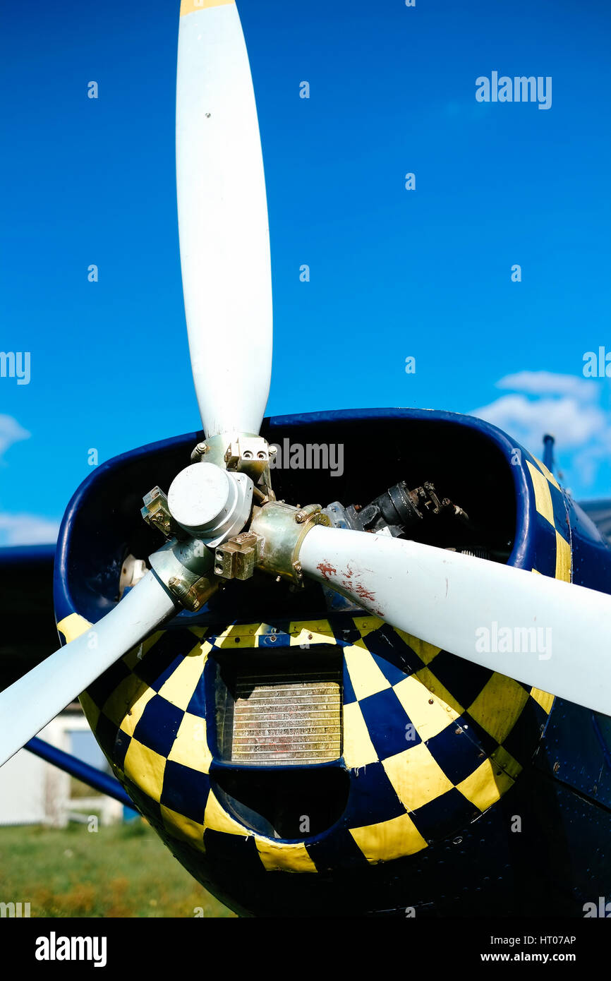 Propeller of the blue airplane on the grass of airfield Stock Photo