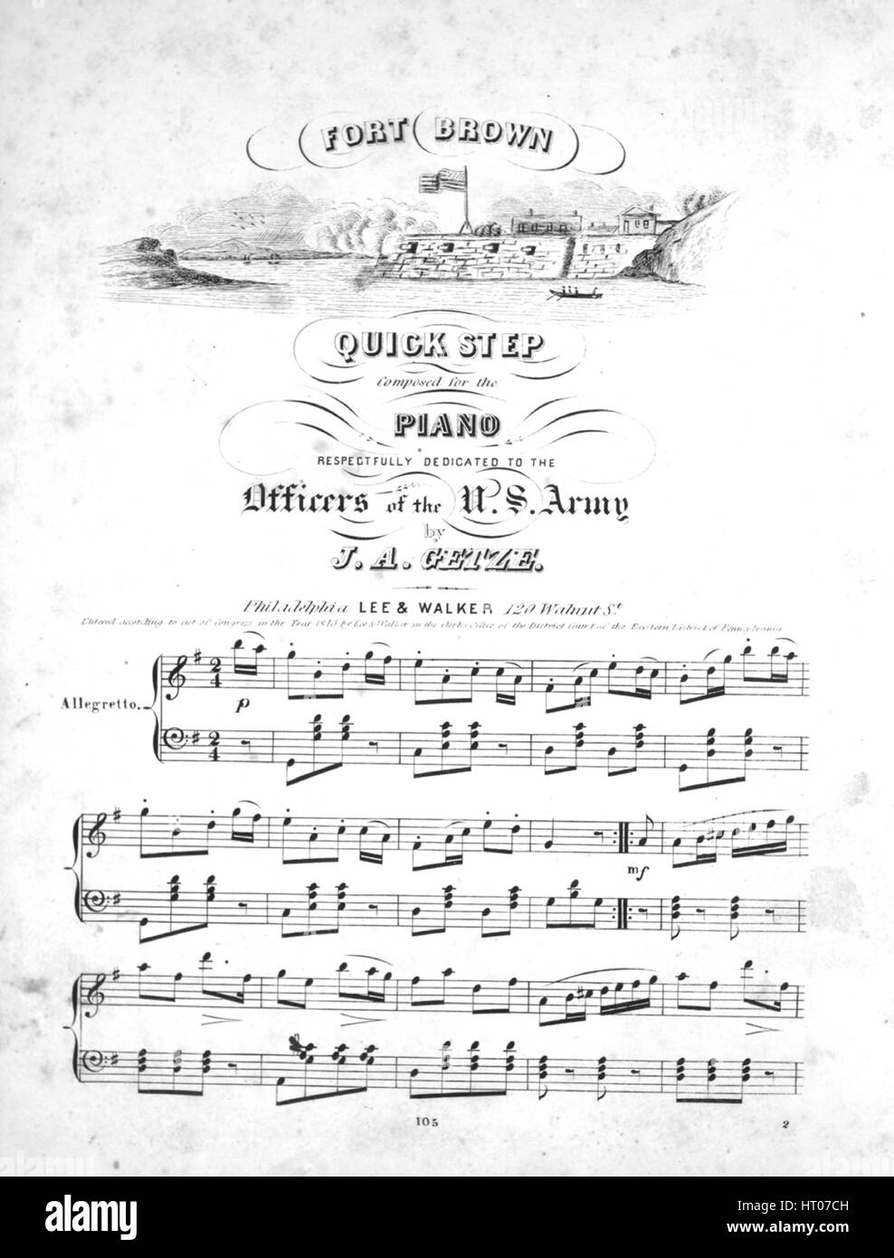 Sheet music cover image of the song 'Fort Brown Quick Step', with original authorship notes reading 'composed for the Piano by JA Getze', United States, 1843. The publisher is listed as 'Lee and Walker, 120 Walnut St.', the form of composition is 'sectional, with trio', the instrumentation is 'piano', the first line reads 'None', and the illustration artist is listed as 'None'. Stock Photo