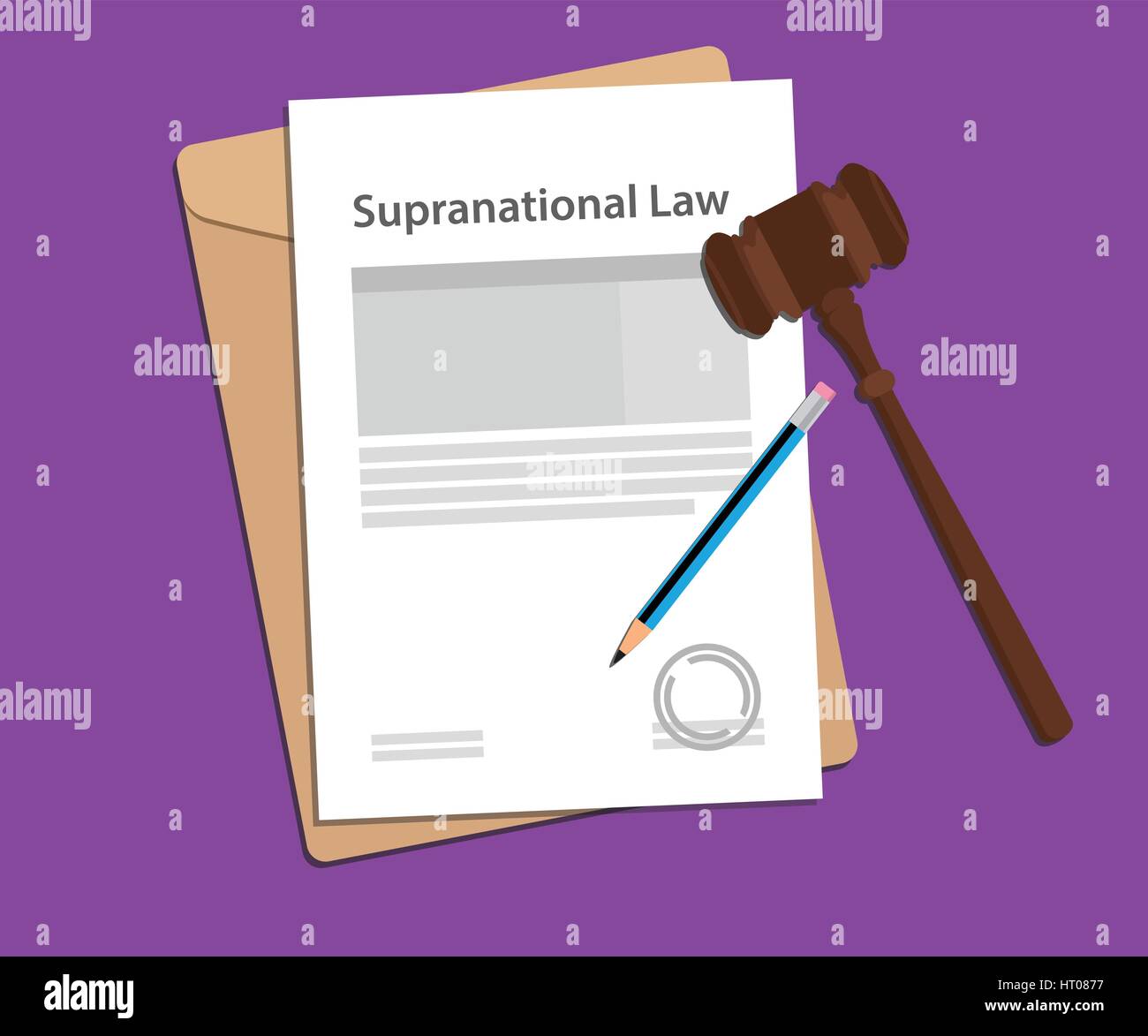 supranational law agreement stamped with folder document, blue pencil and judge hammer Stock Vector