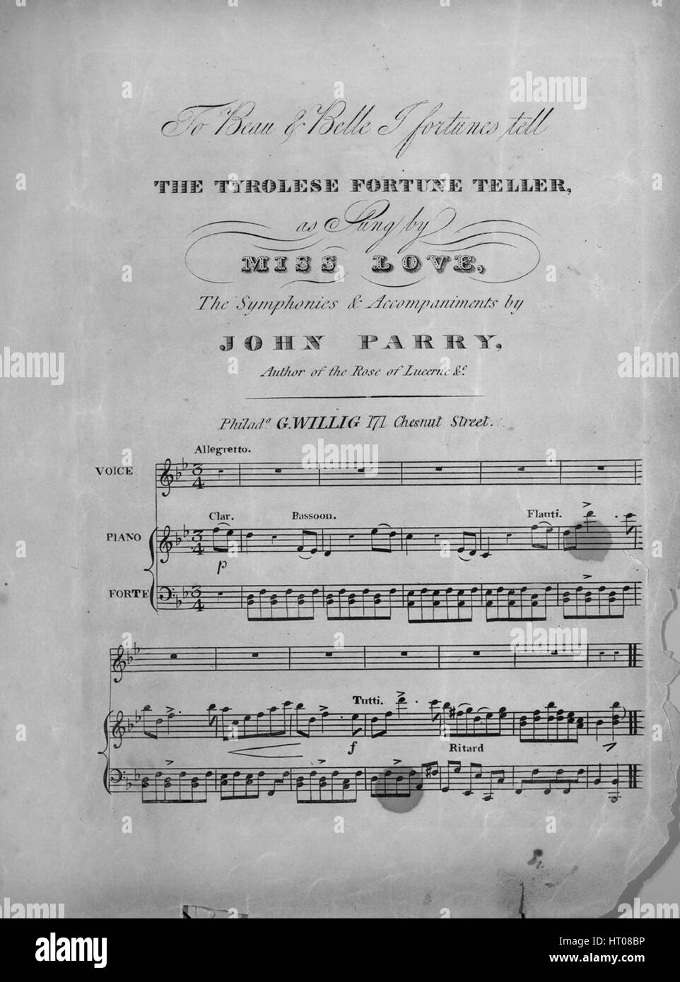 Sheet music cover image of the song 'To Beau and Belle I Fortunes Tell The Tyrolese Fortune Teller', with original authorship notes reading 'The Symphonies and Accompaniments by John Parry', United States, 1900. The publisher is listed as 'G. Willig, 171 Chesnut St.', the form of composition is 'strophic with chorus', the instrumentation is 'piano and voice', the first line reads 'To Beau and Belle I fotunes tell, come round the Gypsey and I'll use you well', and the illustration artist is listed as 'None'. Stock Photo