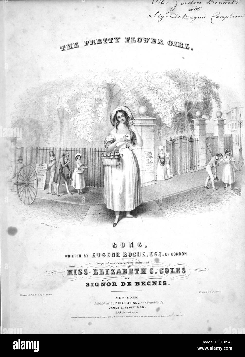 Sheet music cover image of the song 'The Pretty Flower Girl', with original  authorship notes reading 'Written by Eugene Roche, Esqr; Composed by Signor  De Begnis', United States, 1842. The publisher is