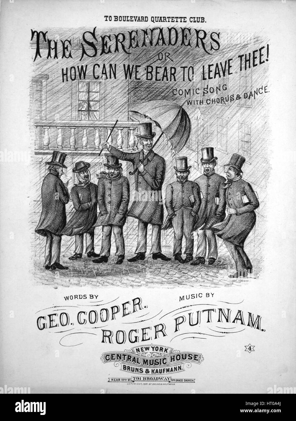 Sheet music cover image of the song 'The Serenaders or, How Can We Bear To Leave Thee! Comic Song With Chorus and Dance', with original authorship notes reading 'Words By Geo Cooper Music By Roger Putnam', United States, 1881. The publisher is listed as 'Central Music House, 791 Broadway, Near 10th St., Opp. Grace Church', the form of composition is 'strophic with chorus (with dance interlude)', the instrumentation is 'piano and voice', the first line reads 'How can we bear to leave thee, our noses blue with cold', and the illustration artist is listed as 'Sherman'. Stock Photo