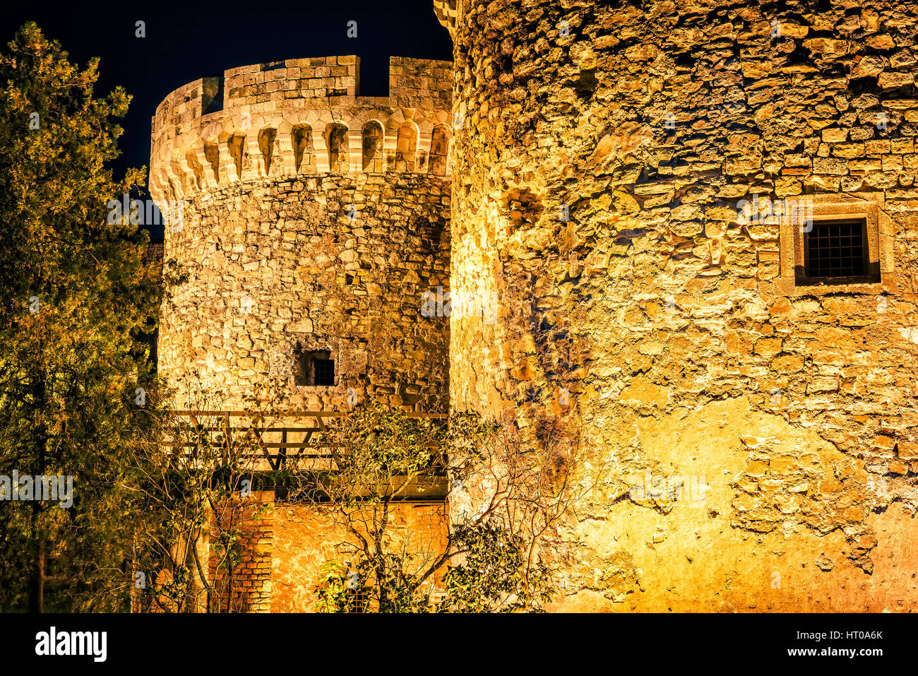 Medieval Kalemegdan fortress at night, Zindan gate. Belgrade, Serbia Stock Photo