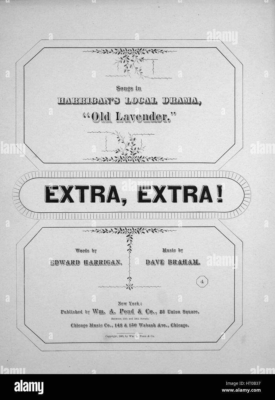Sheet music cover image of the song 'Songs in Harrigan's Local Drama, 'Old Lavender' Extra! Extra!', with original authorship notes reading 'Words by Edward Harrigan Music by Dave Braham', United States, 1885. The publisher is listed as 'Wm. A. Pond and Co., 25 Union Square, (Broadway, bet. 15th and 16th Sts.)', the form of composition is 'strophic with chorus', the instrumentation is 'piano and voice', the first line reads 'Oh mister, I'm a newsboy, hustling night and day', and the illustration artist is listed as 'None'. Stock Photo