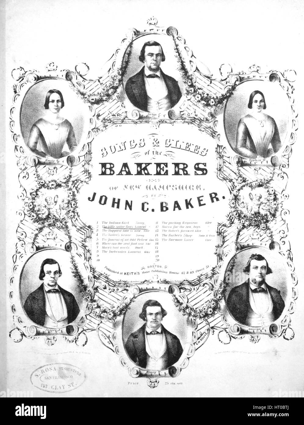 Sheet music cover image of the song 'Songs and Glees of the Bakers of New Hampshire The Little Sailor Boy's Lament', with original authorship notes reading 'Words and Music Composed By John C Baker of the Bakers', United States, 1845. The publisher is listed as 'Keith's Music Publishing HOuse, 67 and 69 Court St.', the form of composition is 'strophic', the instrumentation is 'piano and voice', the first line reads 'They say 'tis here where mother lies, Deep, deep down in the ground', and the illustration artist is listed as 'Lith. of E.W. Bouve'. Stock Photo
