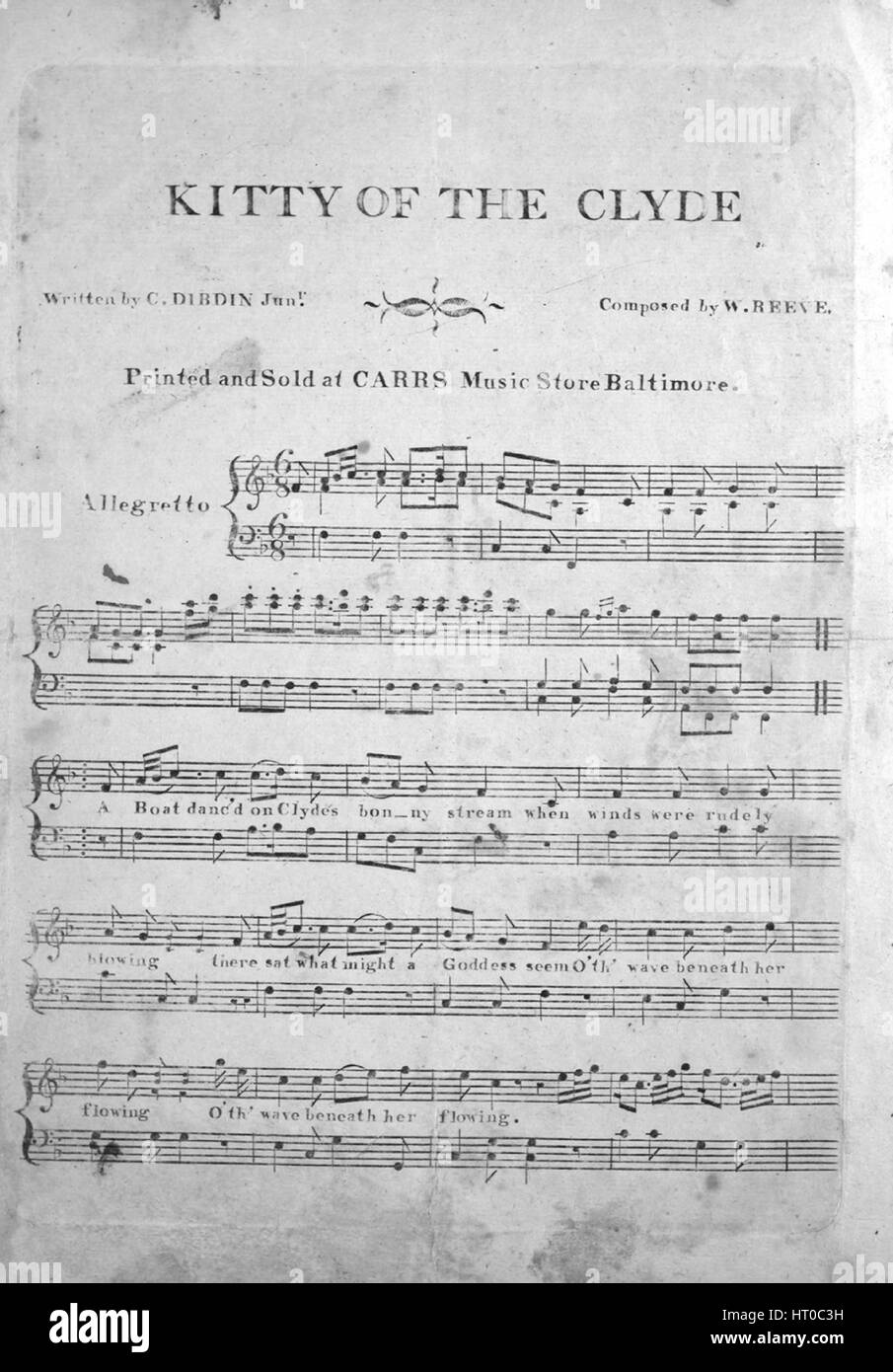 Sheet music cover image of the song 'Kitty of the Clyde', with original authorship notes reading 'Written by C Dibdin Junr Composed by W Reeve', United States, 1900. The publisher is listed as 'Carr's Music Store', the form of composition is 'strophic with chorus', the instrumentation is 'piano and voice', the first line reads 'A Boat danc'd on Clydes bonny stream when winds were rudely blowing', and the illustration artist is listed as 'None'. Stock Photo