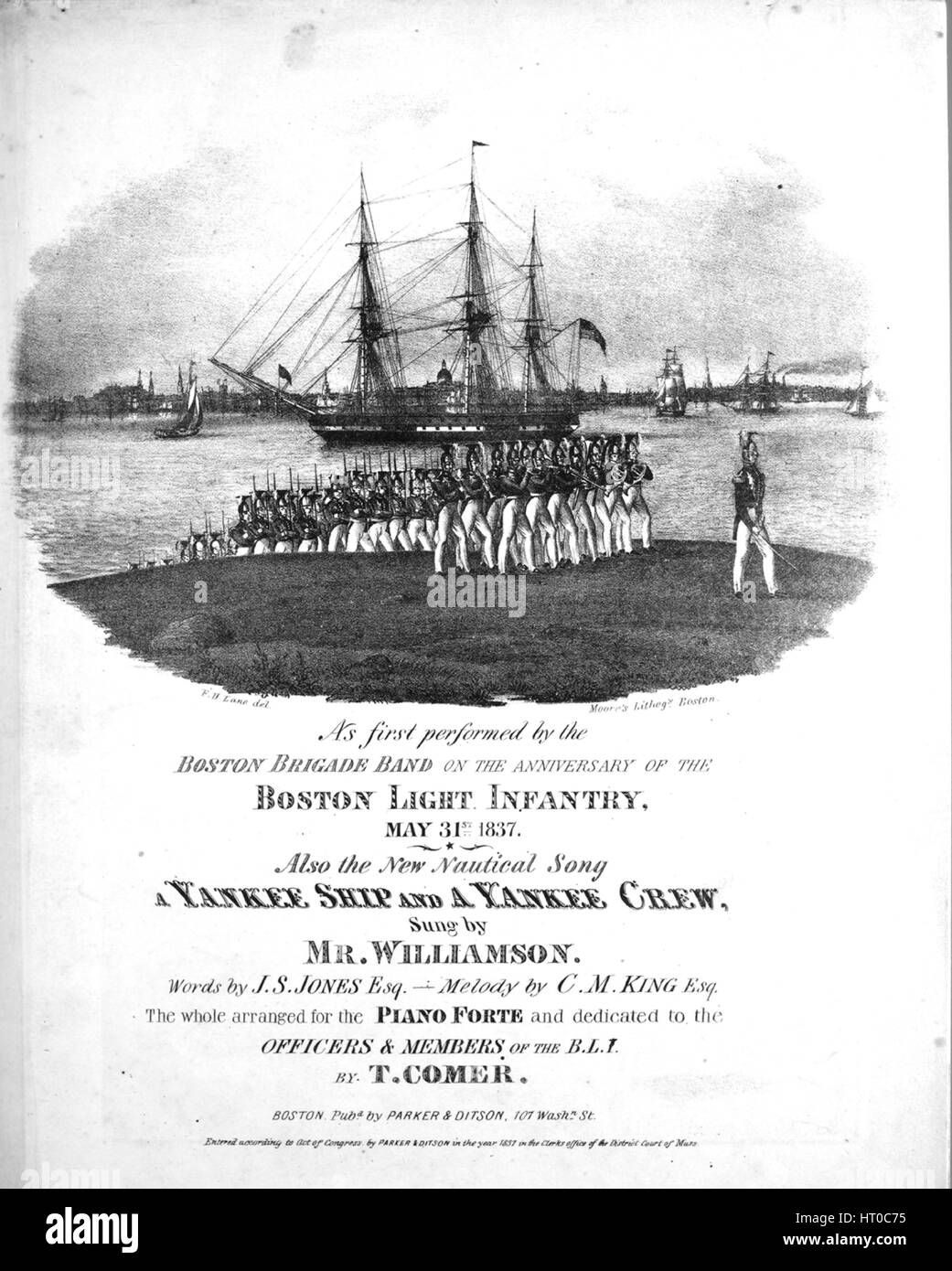 Sheet music cover image of the song 'A Yankee Shi, And A Yankee Crew', with original authorship notes reading 'Words by JS Jones, Esq; Melody by CM King, Esq; Arranged by T Comer', United States, 1837. The publisher is listed as 'Parker and Ditson, 107 Washn. St.', the form of composition is 'strophic with chorus', the instrumentation is 'piano and voice', the first line reads 'A yankee ship and a yankee crew Tally hi ho, you know', and the illustration artist is listed as 'F.H. Lane del.; Moore's Lithogy. Boston'. Stock Photo